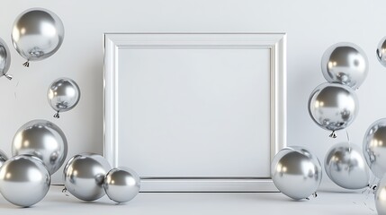 A stylish 3D frame mockup with metallic balloons surrounding it, ideal for displaying promotional artwork, with a simple yet joyous look.