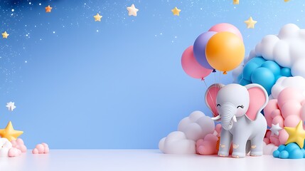 Adorable Baby Elephant with Pastel Balloons in a Dreamy Cloud Setting