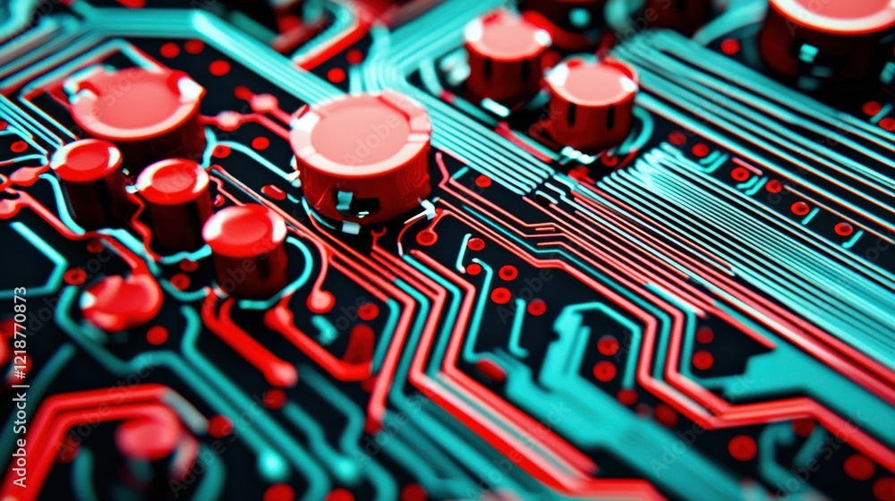 Poster abstract technology background with vibrant circuit board, glowing lines and detailed electronic com