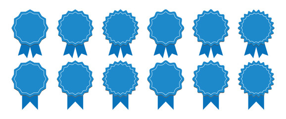 Medal set with ribbon. Blue award badges. Vector seal collection in flat style. Vector illustration.