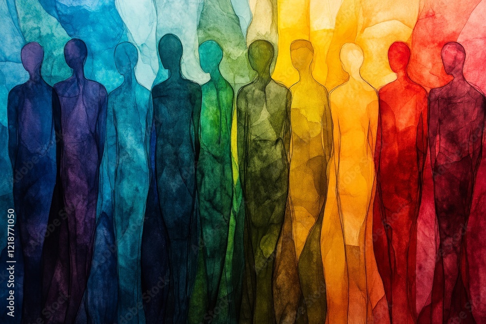 Aufkleber silhouettes of figures in vibrant colors representing unity and diversity in an artistic expression