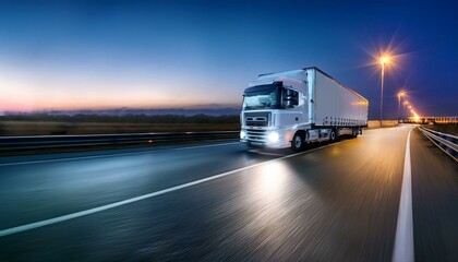 Obraz premium modern freight truck driving by highway at night blurred motion logistics and delivery shipping concept