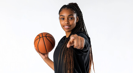 Photo of a Black female basketball player holding a ball, pointing at the viewer with a white background  
