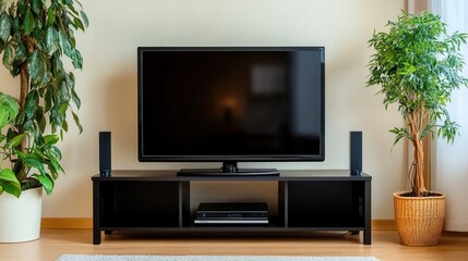 Modern Living Room with Flat Screen Television, Stylish Furniture, Lush Green Plants, and Soft Lighting, Creating a Cozy and Inviting Atmosphere for Home Entertainment