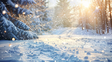 Snowy fairy forest with fir trees and trees. Design template for advertising vacation, tourist agency, hiking and walking and camping and backgrounds and backdrops of Christmas and New Year nature wit