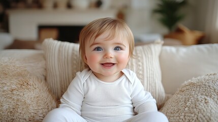 Fototapeta premium A joyful baby with light brown hair and striking blue eyes is seated on a soft couch covered in fluffy pillows. The warm living room setting enhances the delightful atmosphere