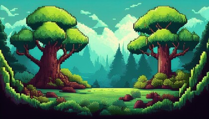 pixel art concept of forest for computer game pixelated image