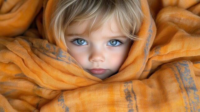 A young child with light blonde hair gazes piercingly at the camera, wrapped snugly in a vibrant orange blanket. The moment captures a warm and cozy atmosphere, evoking feelings of innocence