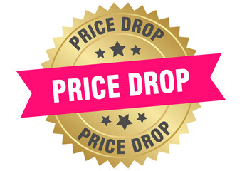 price drop. price drop round pink and gold label isolated on transparent background
