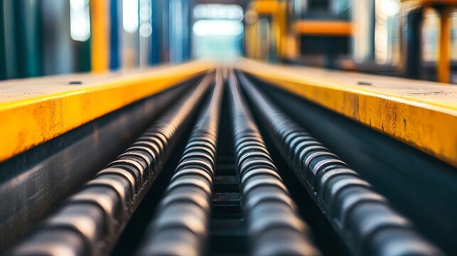 A close-up view of industrial machinery, featuring cylindrical rods arranged in parallel along a conveyor, showcasing a blend of metal and vibrant colors.