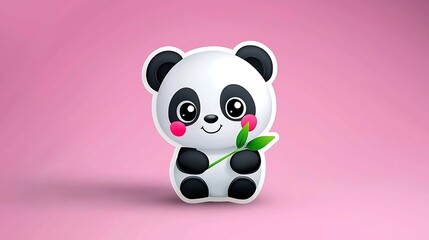 Naklejka premium Adorable Cartoon Panda Holding Bamboo Shoot On Pink Background