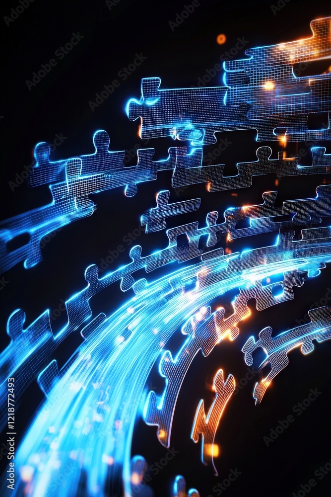 Poster dynamic wave of glowing puzzle pieces creating abstract forms and motion