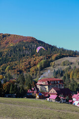paragliding  view of the village of the  Carpathians mountains