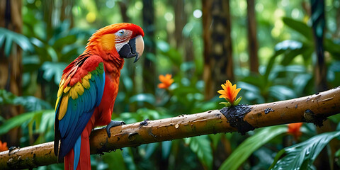 Obraz premium Vibrant Macaw in a Rainforest Paradise