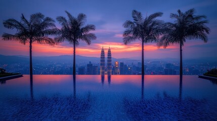 Obraz premium Sunrise city reflection in infinity pool, palm trees
