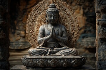Fototapeta premium Serene Buddha statue in a tranquil garden setting during late afternoon light