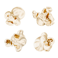 popcorn in a set, different types of snacks. Watercolor illustration without background. Close-up image of popcorn, realistic style. Food for holidays and children's parties. Movie party with snacks