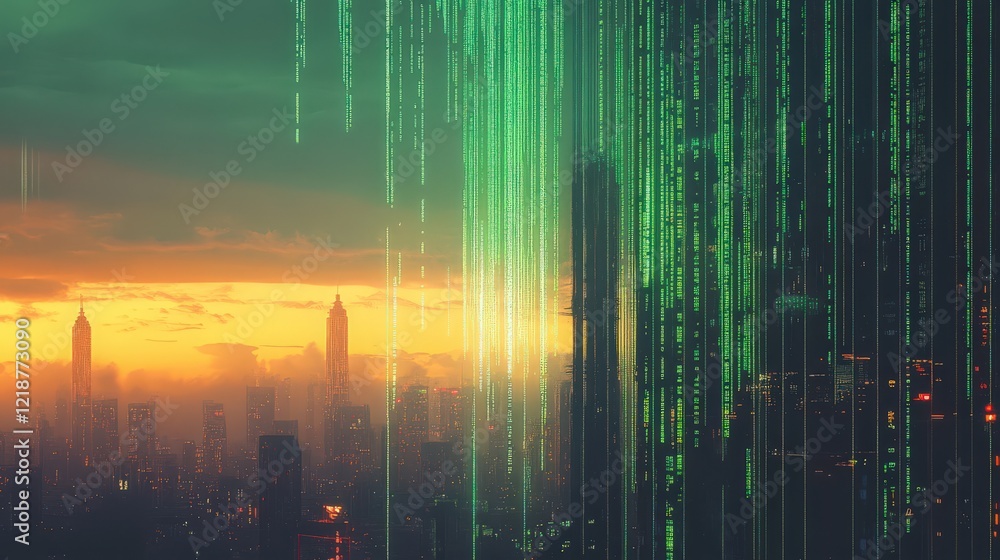 Poster digital data streams over a cityscape at sunset creating a blend of technology and urban life