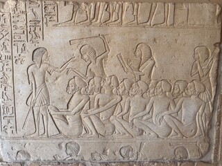 Beautiful wall reliefs on the walls of Horemheb tomb in Saqqara in Giza