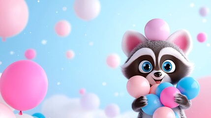 Adorable Cartoon Raccoon With Pastel Balloons