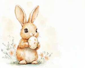 Fluffy bunny decorating an Easter egg while sitting in a bright garden