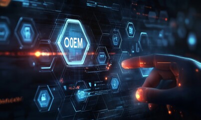 Business concept image of futuristic interface with hexagonal icons and word OEM, representing original equipment manufacturer or outsourcing partnerships and integration with third-party solutions, 