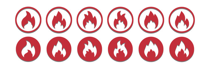 Flame Symbols. Collection of red cartoon fire flame vector. Flammable fireball. 