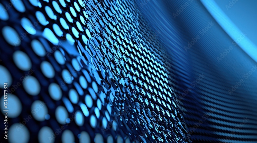 Poster close-up view of textured metallic surface with blue lighting and abstract design elements