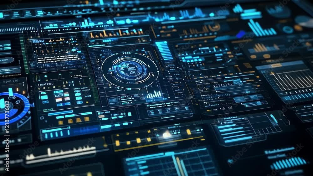 Poster futuristic interface displaying complex data analysis and processing information with holographic ch