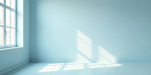 Fototapeta premium Serene Light Illuminates an Empty Room's Pale Blue Walls and Floor, Casting Gentle Window Shadows
