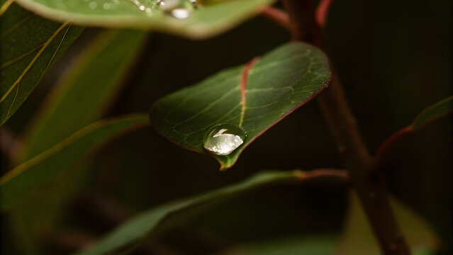 Rain water drop on green leaf closeup natural background
