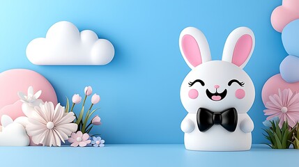 Adorable Easter Bunny With Pastel Flowers and Clouds