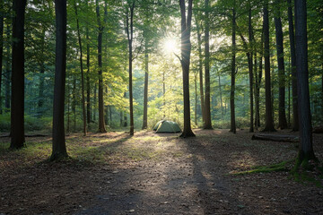 Obraz premium Mystical Forest Camping: Tranquil Dawn Adventure | Exploring Nature's Hidden Sanctuaries | Wilderness Serenity