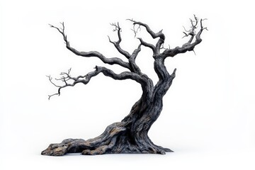 Unique gnarled tree with intricate branches standing alone on a minimalist background