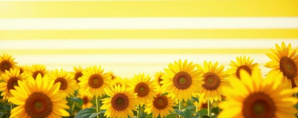 Fototapeta premium A field of sunflowers against a bright sunny yellow and white striped wallpaper background, orange, wallpaper