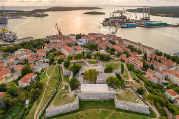Aerial view of the historic Fortress Kastel in Pula old town at sunset, Croatia
