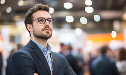 Focused young businessman at an industry conference, observing exhibition stands and networking opportunities in a crowded event hall with blurred participants, Generative AI
