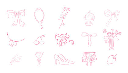 Romantic coquette set, pastel pink wedding feminine collection. Cude doodle baw, ribbon. Heart, flowers and presents, love letter.