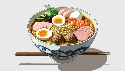A steaming bowl of ramen with a variety of toppings, including eggs, meat, and vegetables.