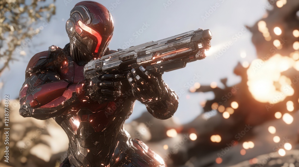 Poster futuristic warrior in red armor fires a weapon in a dynamic action scene