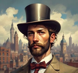 Illustration of Victorian style man with hat.