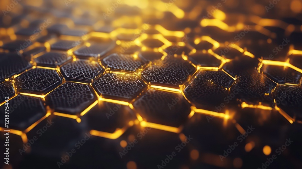 Poster a high-tech honeycomb pattern with glowing accents on a matte background.