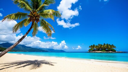 Fototapeta premium Tropical beach paradise with palm tree and blue sky, summer vacation background