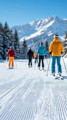Group of Skiers Enjoying a Sunny Day on a Snow-Covered Slopes with Mountains in the Background