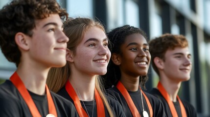 Fototapeta premium Four teenagers, diverse in ethnicity, beam with pride wearing their medals.