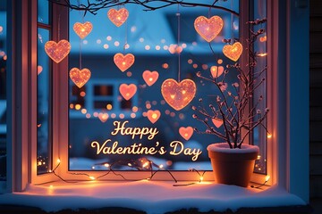 Valentine's Day window decoration, glowing heart-shaped fairy lights, "Happy Valentine's Day" text, cozy interior view, snowy exterior, bokeh lights, romantic atmosphere, frosted glass, warm and cool 