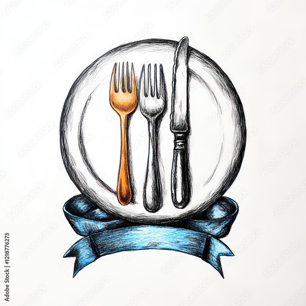 Poster plate with utensils and blue ribbon sketch for menu design on white background