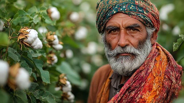 Close up of a Sindhi farmer wearing a traditional ajrak shawl and a Sindhi topi standing proudly in his cotton field with rows of cotton plants stretching out behind him
