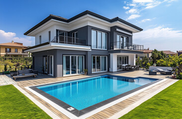 Fototapeta premium Luxurious private villa with a swimming pool. Evening ambiance in a countryside residence. Exterior of an elegant mansion featuring a pool.