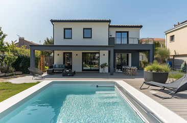 Fototapeta premium Luxurious private villa with a swimming pool. Evening ambiance in a countryside residence. Exterior of an elegant mansion featuring a pool.